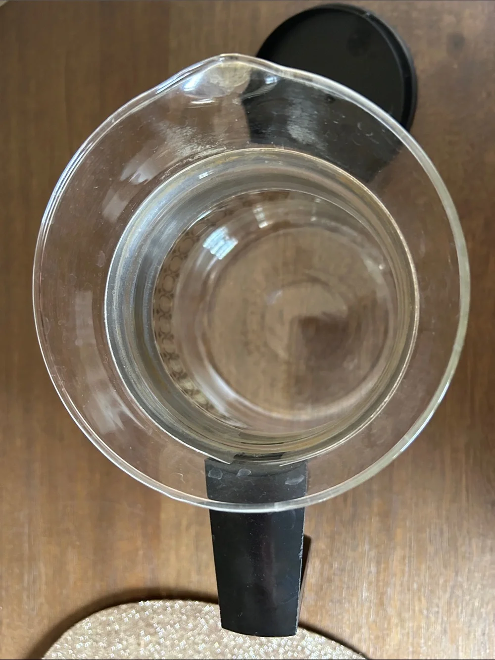 Pyrex MCM vintage Clear Glass Coffee Server with Black Handle and Silver Band